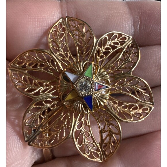 Masonic Eastern Star Enamel Brooch Pin Rhinestone Filigree Gold Tone Vintage - Picture 1 of 3